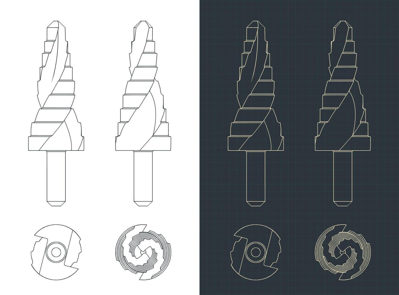 Stepped drill bit blueprints vector