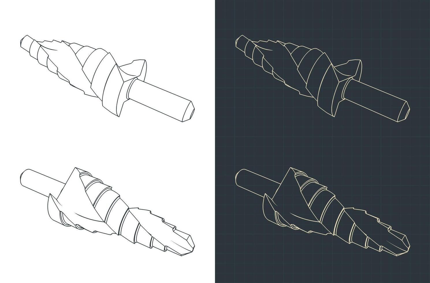 Stepped drill bit isometric blueprints vector