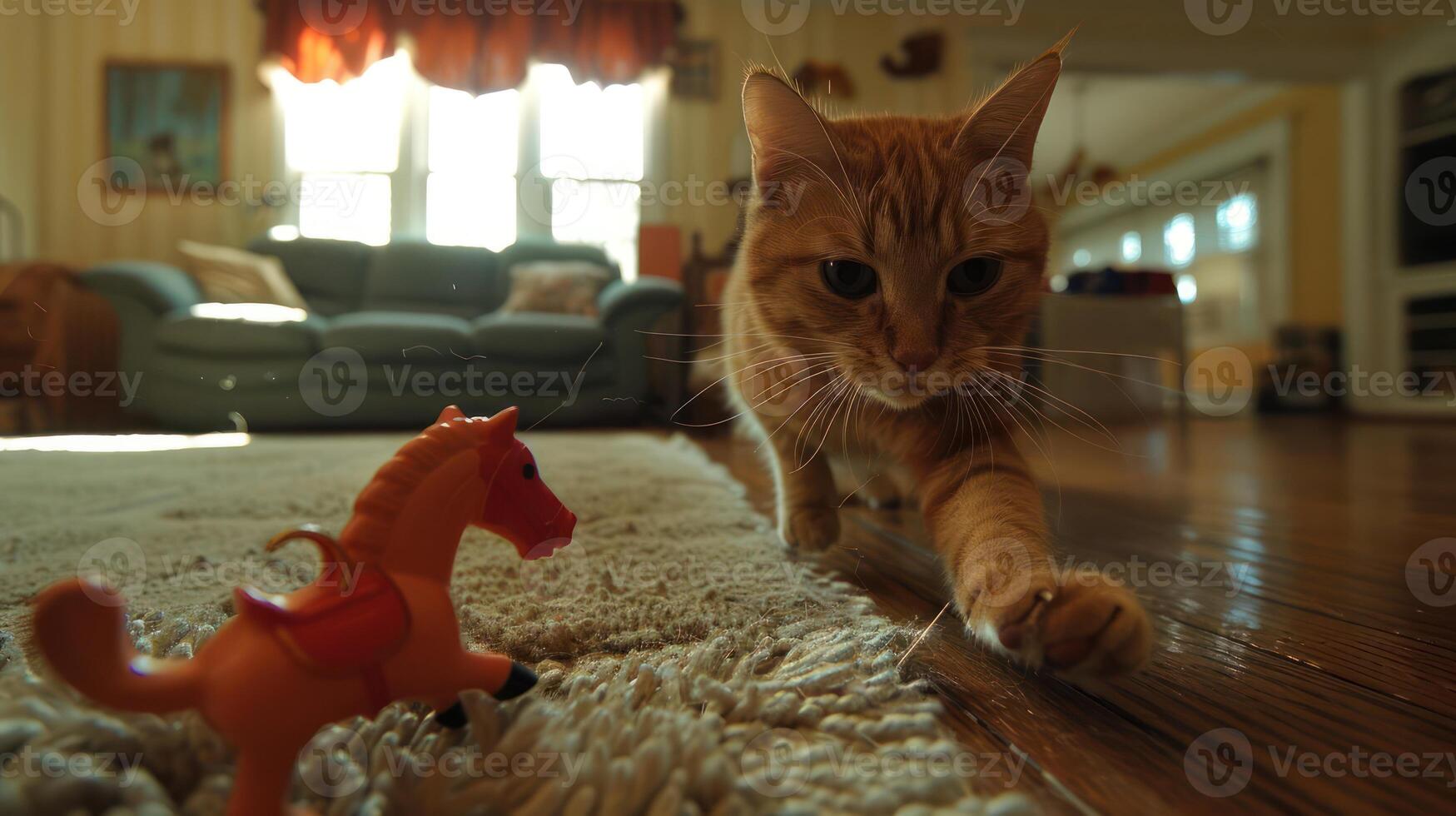 A playful orange cat approaches a toy horse on a carpeted floor in a cozy living room. photo