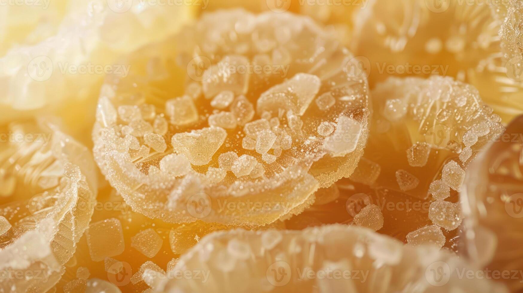Close-up of candied citrus slices coated in sugar. photo