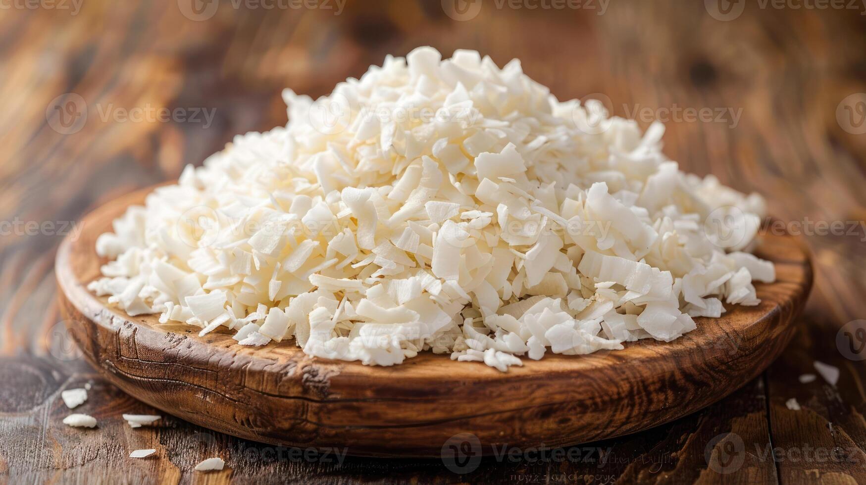 A pile of shredded coconut on a wooden platter, showcasing its texture and color. photo