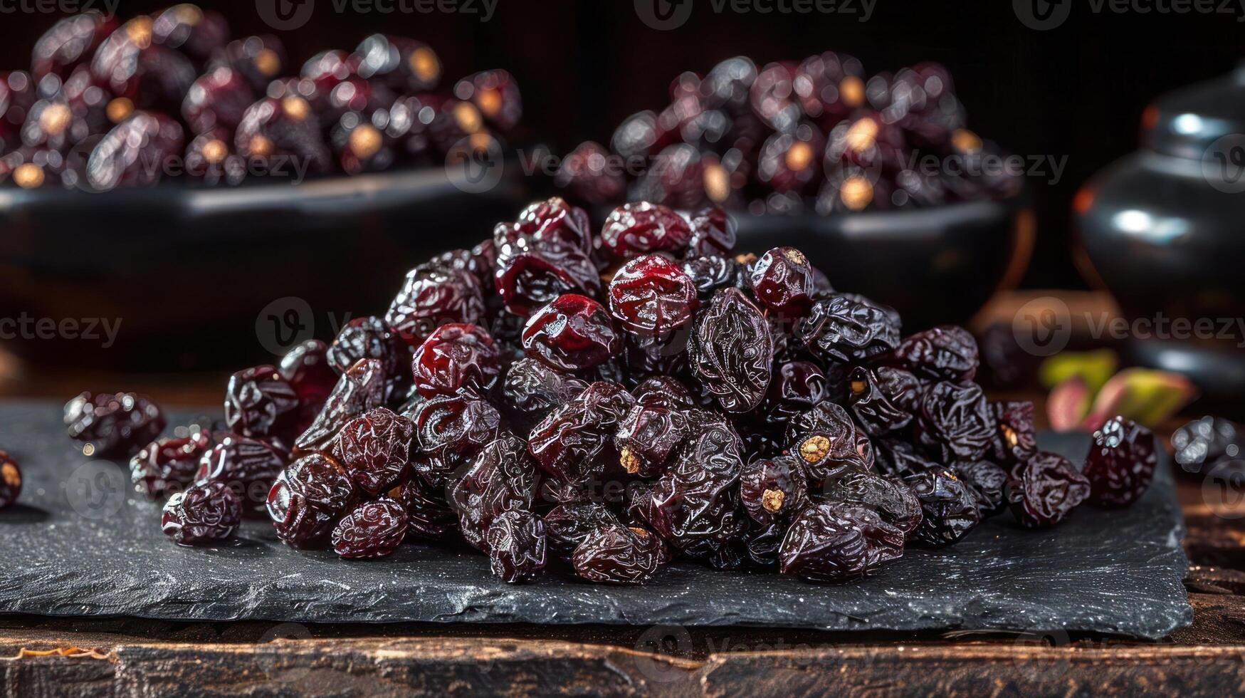 A close-up of dried fruits, specifically raisins, arranged on a slate surface. photo
