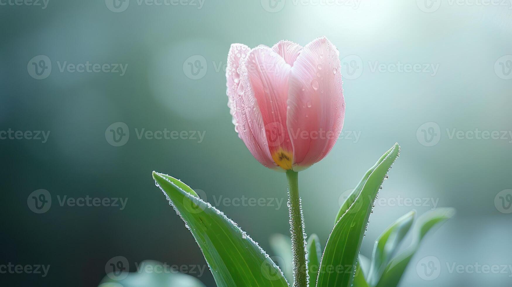 A close-up of a pink tulip with dew drops, radiating beauty in soft light. photo