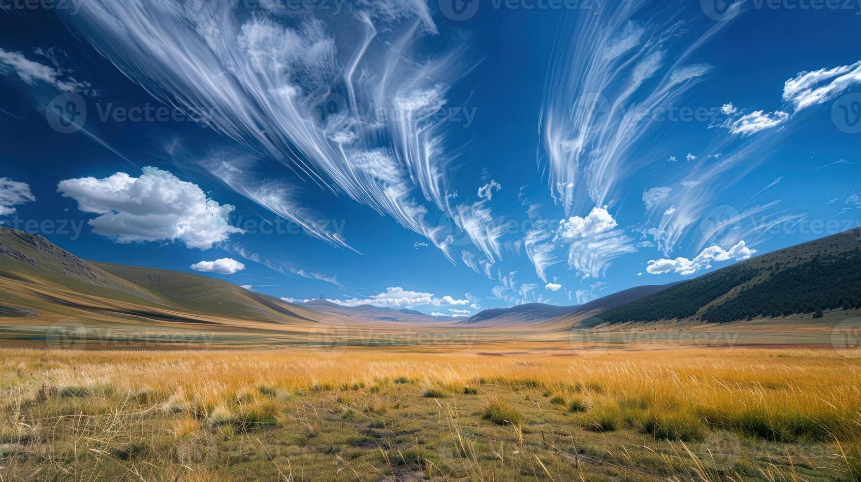 A vast landscape under a blue sky with wispy clouds and golden grass. photo