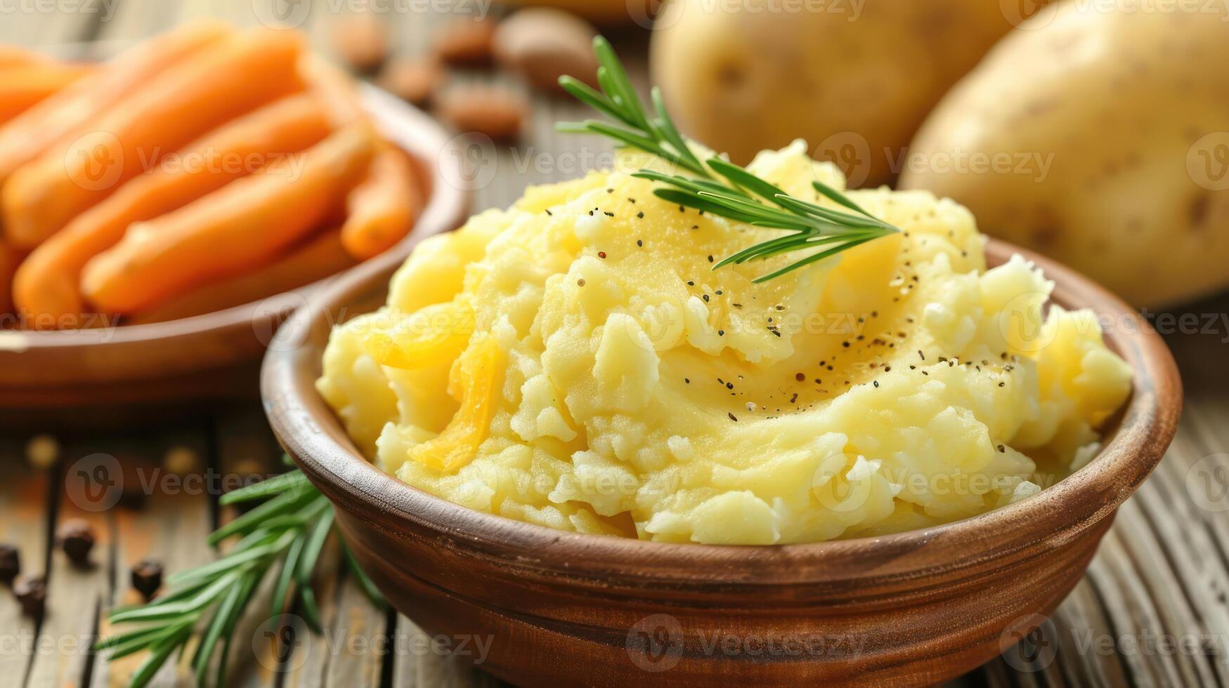 A bowl of creamy mashed potatoes garnished with rosemary, alongside fresh carrots and potatoes. photo