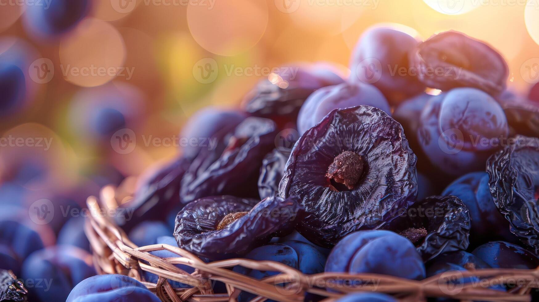 A basket of fresh and dried plums, highlighting their rich color and texture. photo