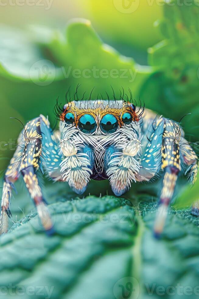 A close-up of a vibrant, colorful spider resting on a green leaf. photo