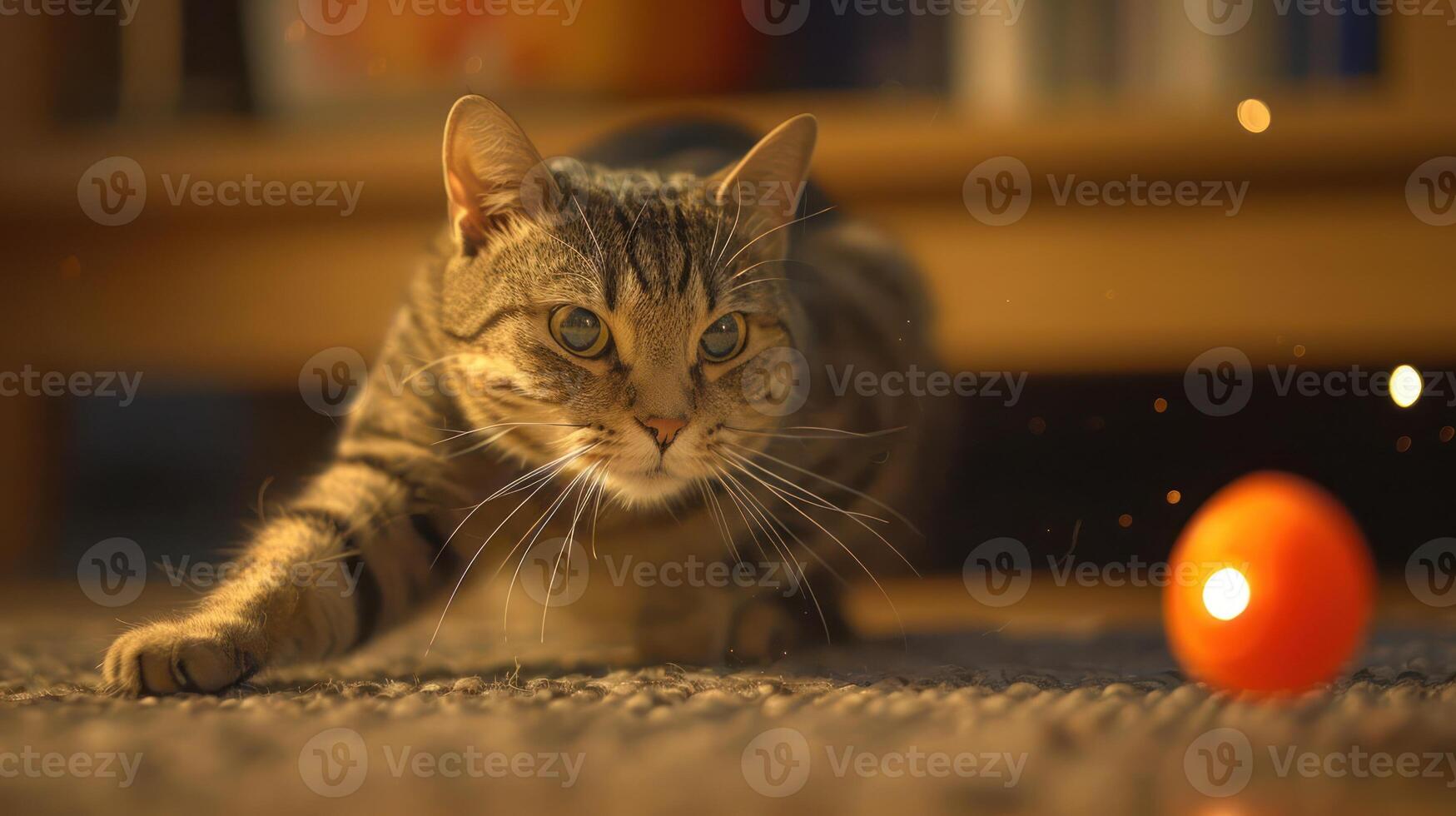 A focused tabby cat crouches near a bright orange ball, showcasing playful curiosity. photo