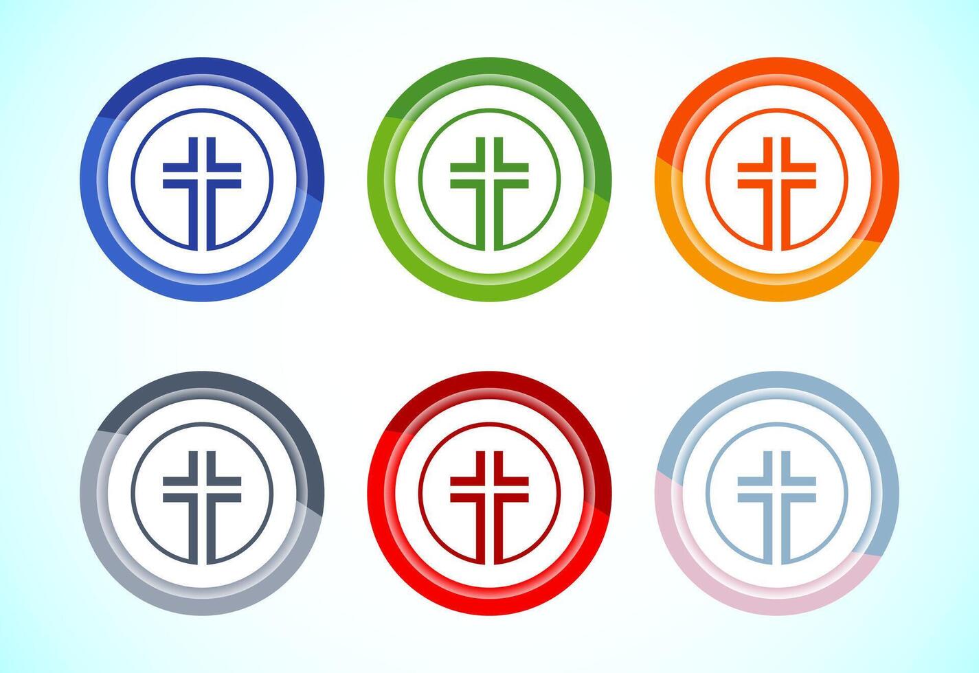 Christian cross icon, Religion sign. Holy cross logo symbol, 6 color button design set vector