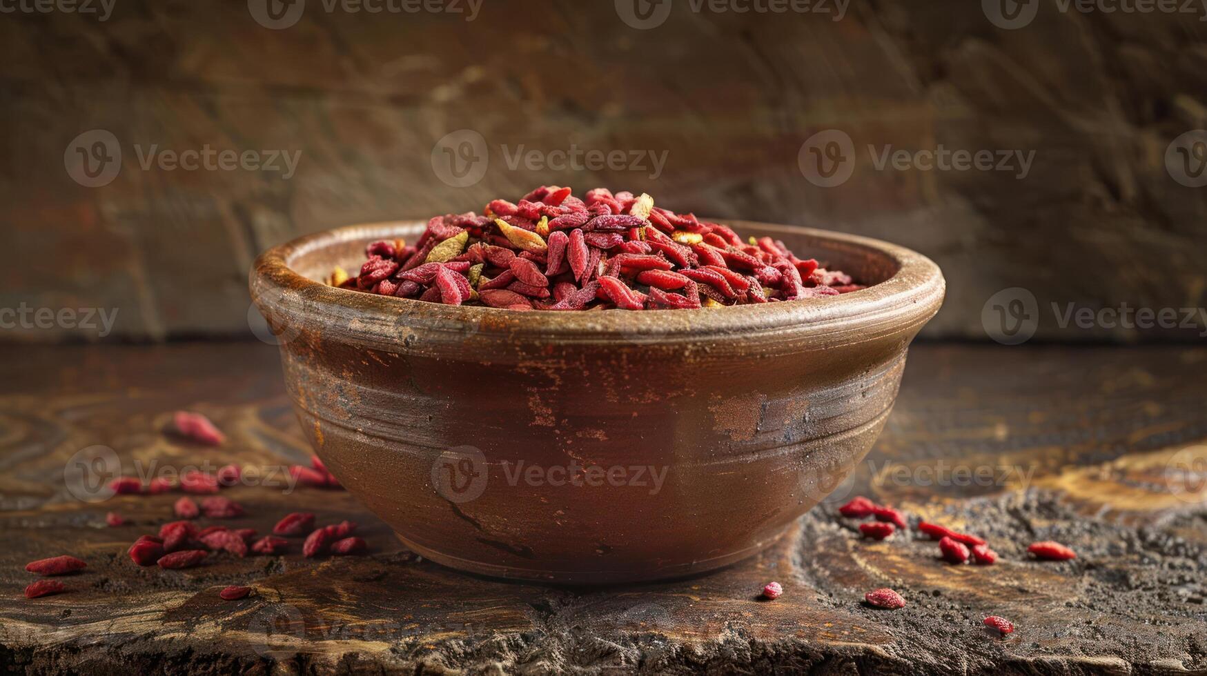 A rustic bowl filled with dried goji berries on a textured wooden surface. photo