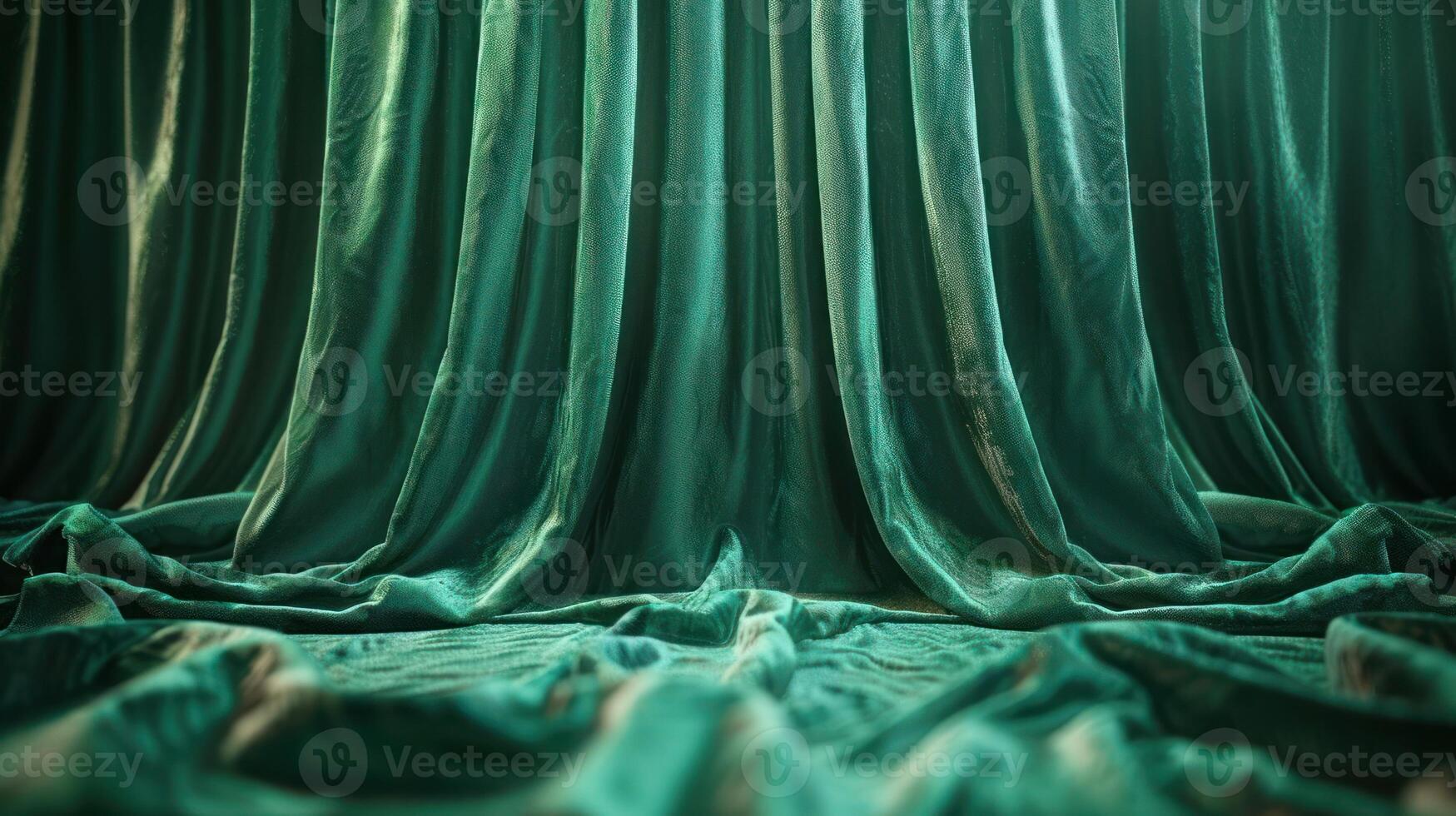 A close-up of luxurious green velvet curtains, draped elegantly and creating a rich texture. photo