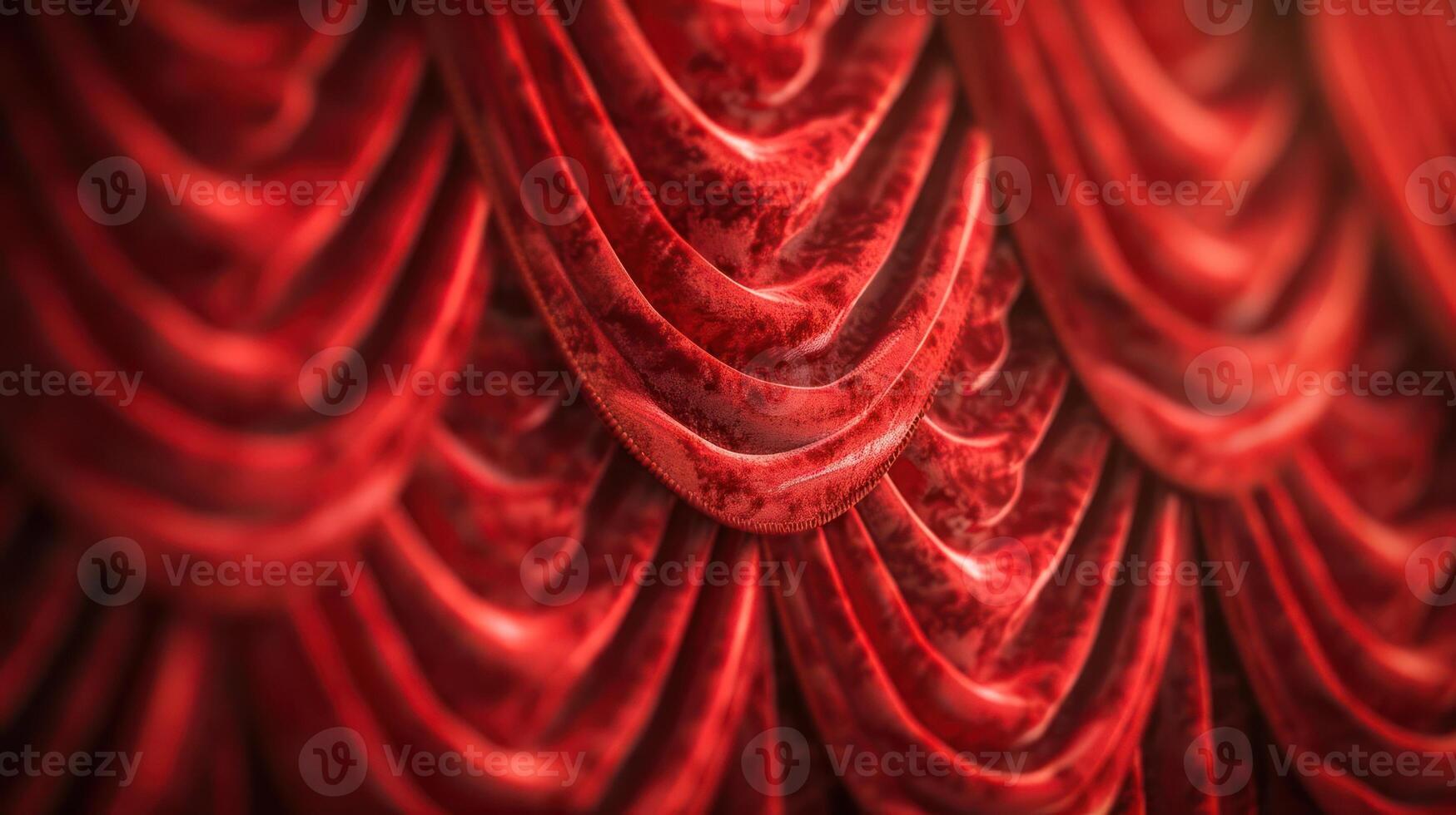 A close-up of luxurious red velvet curtains, showcasing intricate folds and textures. photo