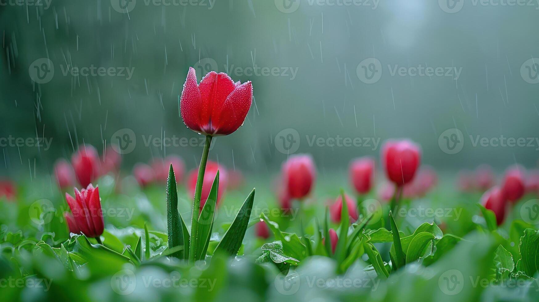 A serene scene of pink tulips in a lush green field, softly illuminated by rain. photo