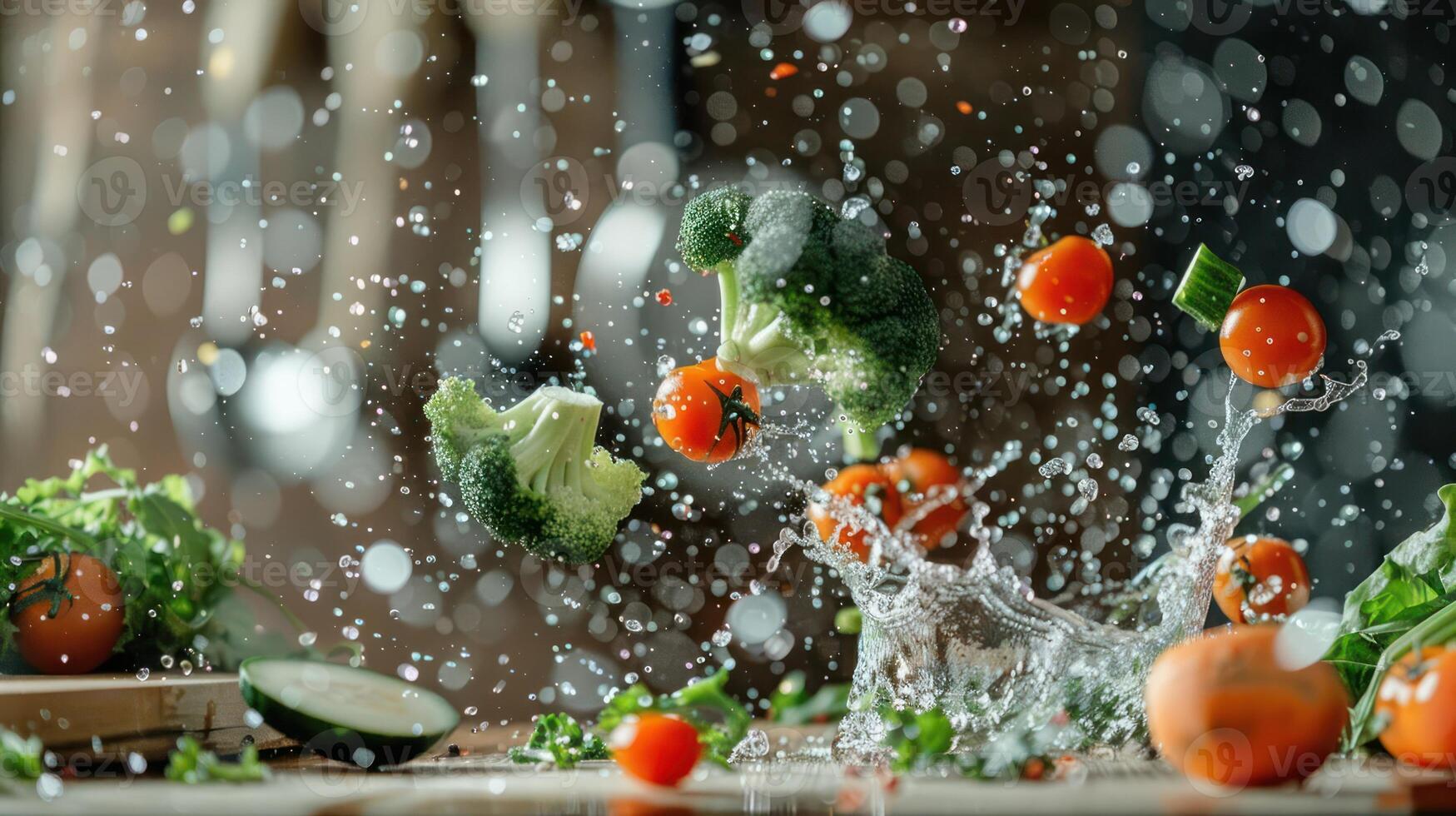 Fresh vegetables splashing in water, capturing vibrant colors and motion. photo