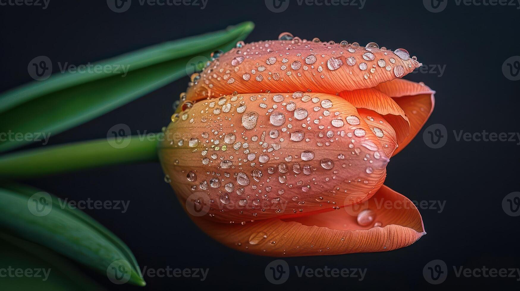 A close-up of a pink tulip covered in water droplets against a dark background. photo