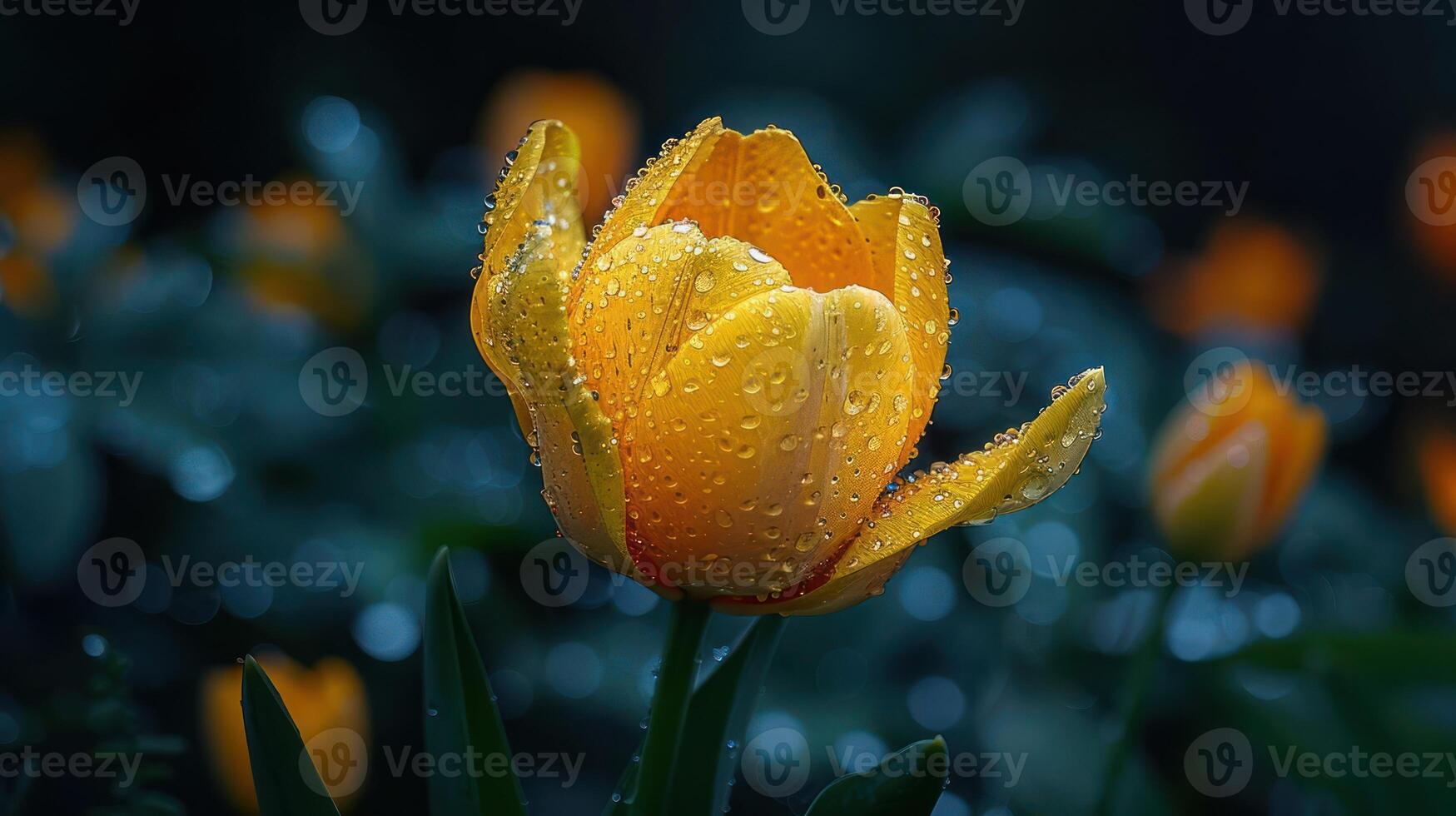 A close-up of a vibrant yellow tulip with raindrops, set against a blurred garden background. photo