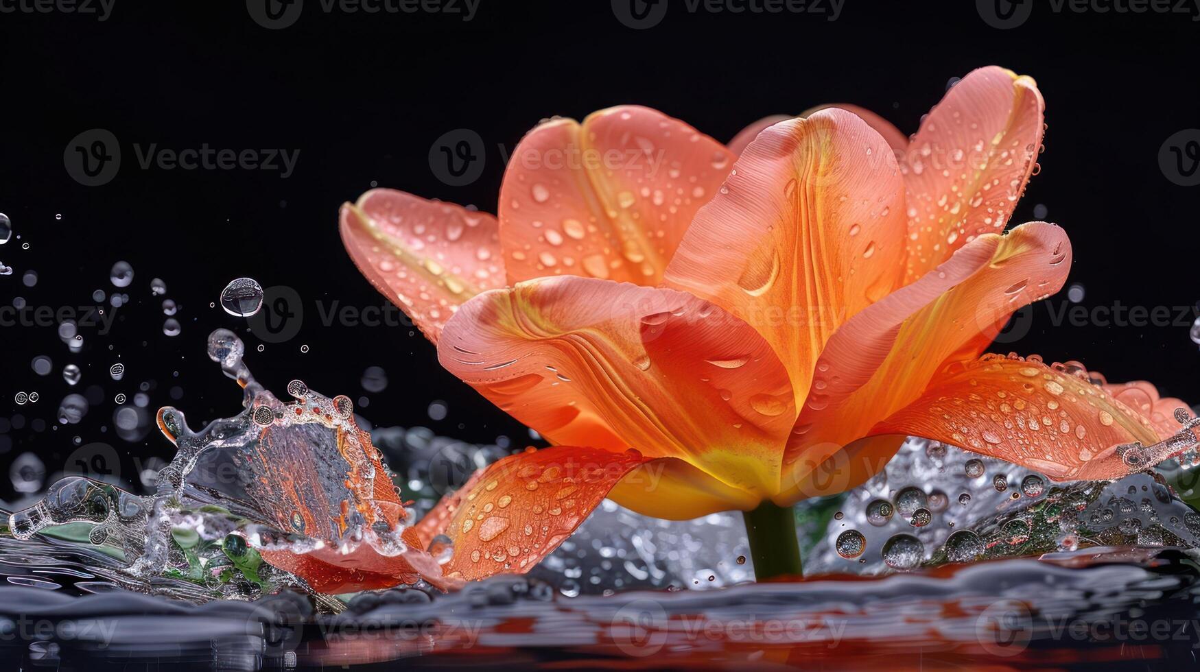 A vibrant orange flower with water droplets, surrounded by splashes, showcasing nature's beauty. photo