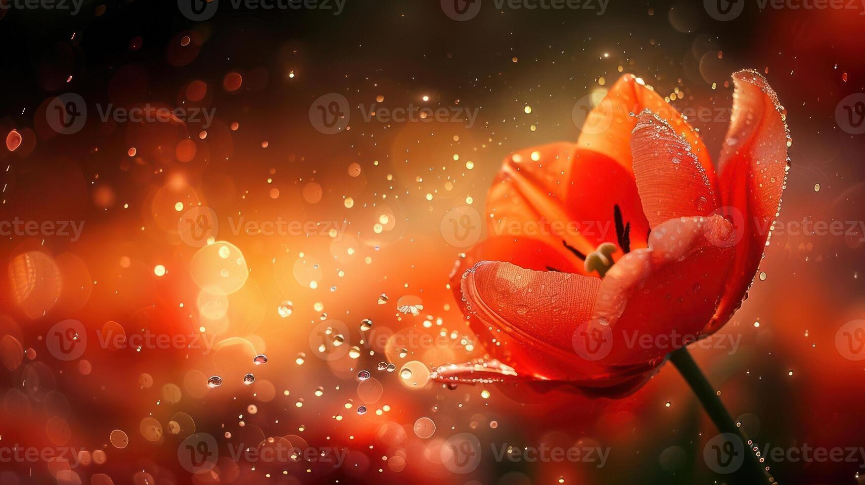 A close-up of a vibrant orange tulip with water droplets against a blurred, colorful background. photo