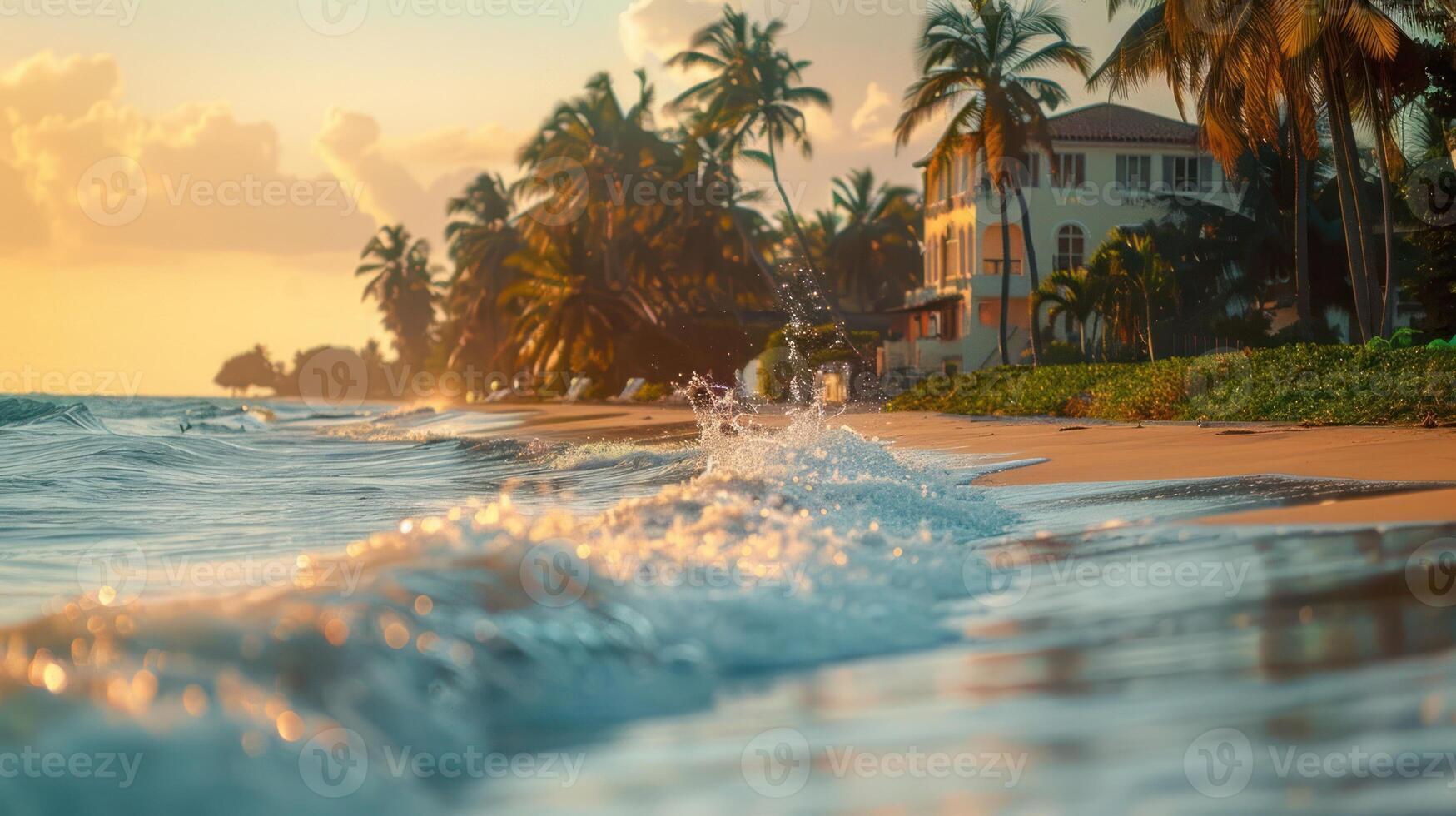 Serene beach scene at sunset with gentle waves and palm trees lining the shore. photo