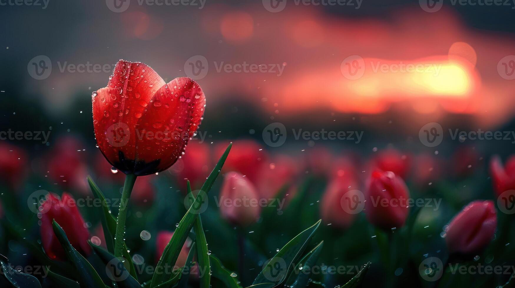A close-up of a vibrant red tulip surrounded by a field of tulips, glistening with raindrops. photo