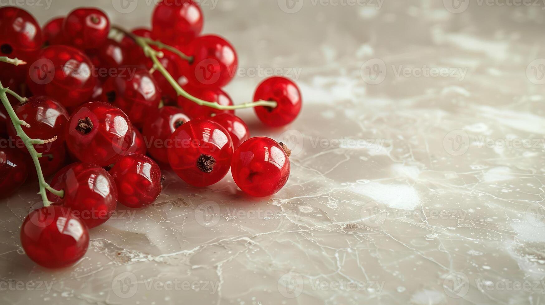 A cluster of vibrant red currants on a smooth marble surface. photo