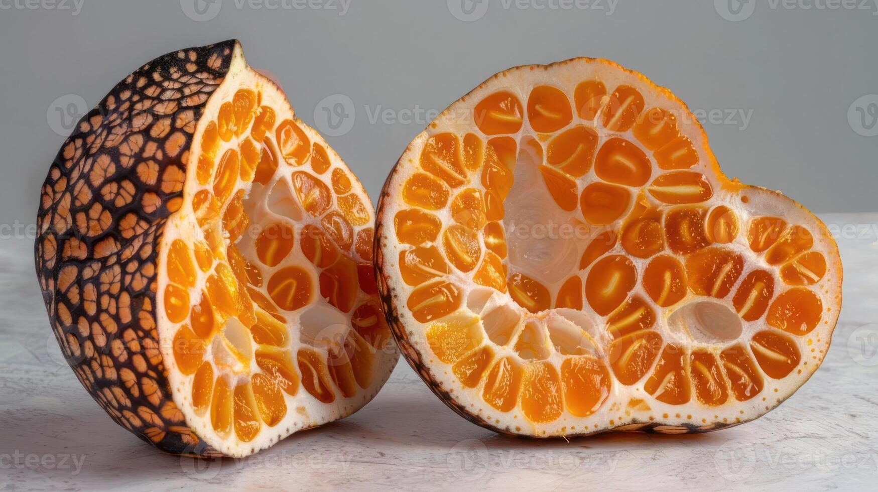 A cross-section of a fruit with vibrant orange pulp and unique texture. photo