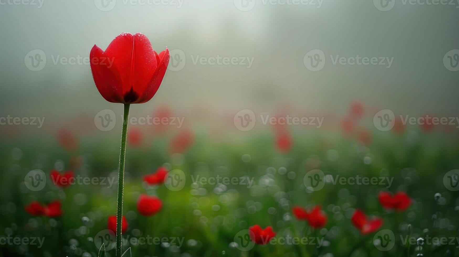 A single red tulip stands tall amidst a field of tulips in a misty environment. photo