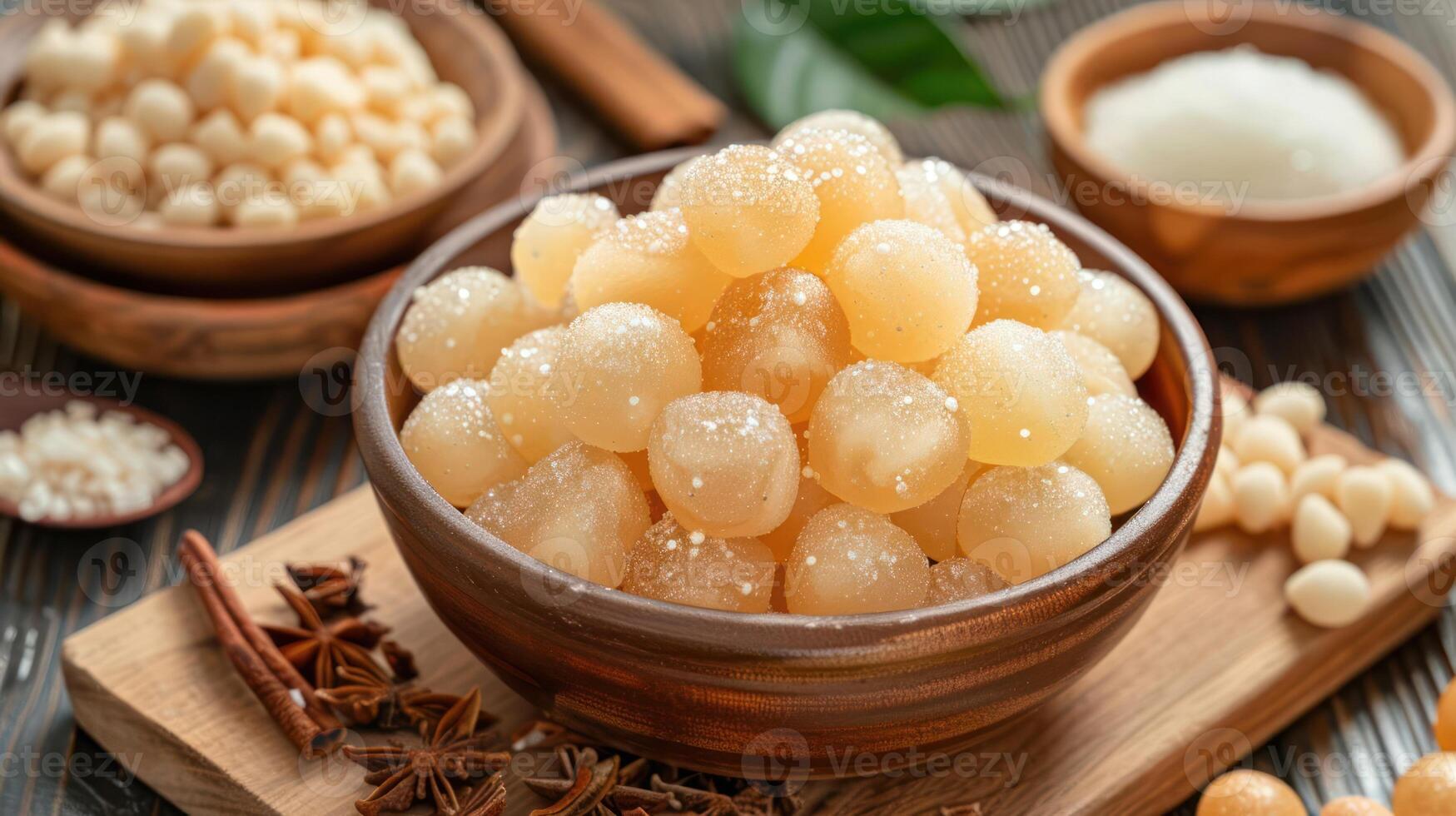 A bowl of translucent, sweet treats surrounded by ingredients and spices. photo