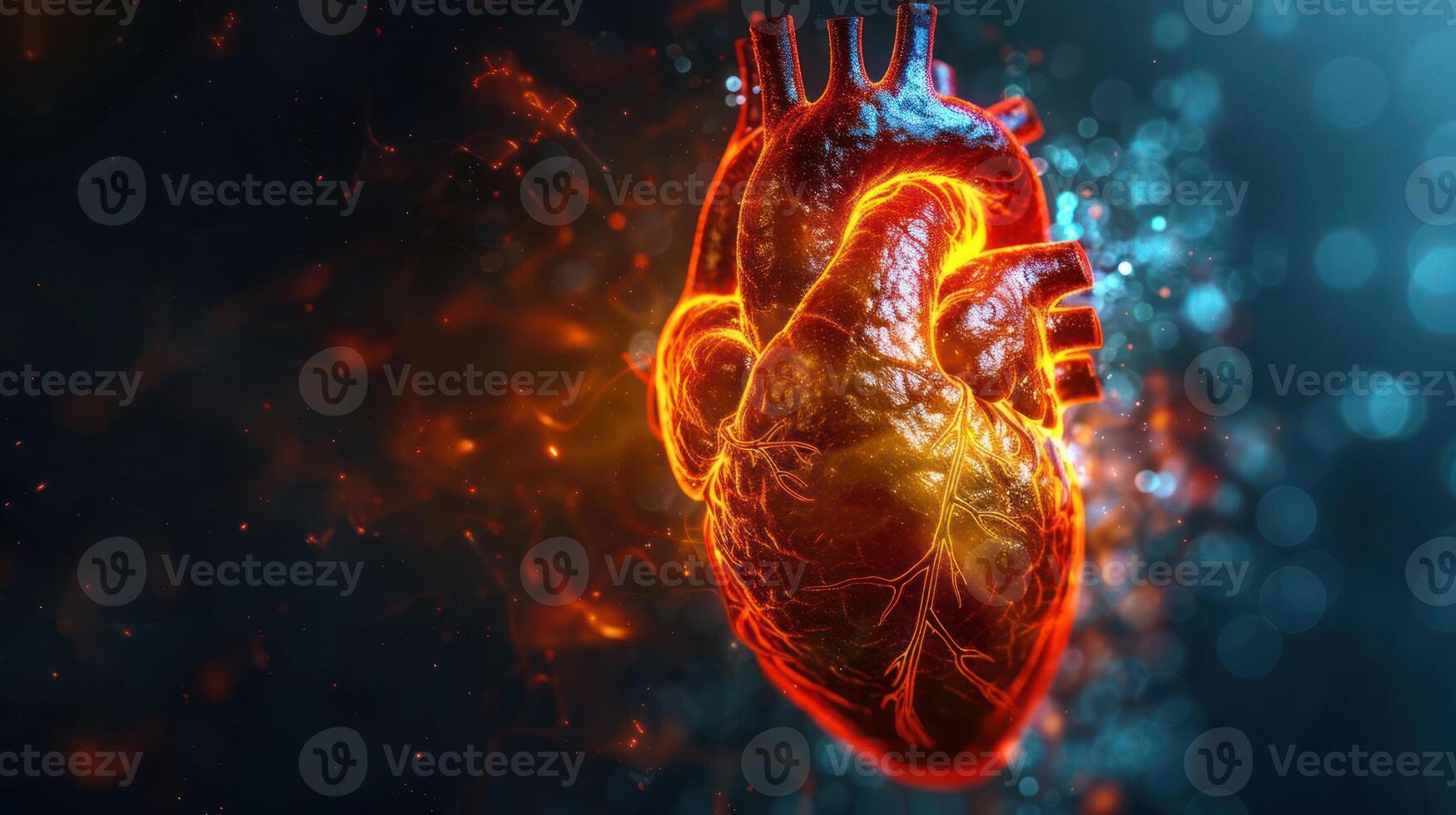 A realistic 3D rendering of a human heart, showcasing its anatomical details and textures. photo