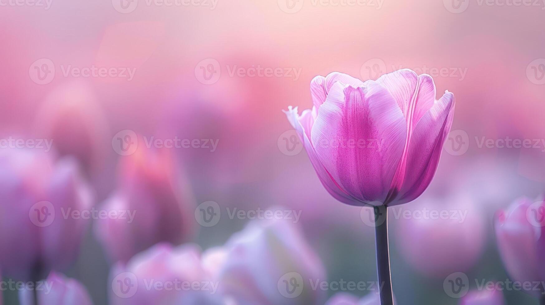 A close-up of a pink tulip amidst a soft-focus floral background. photo