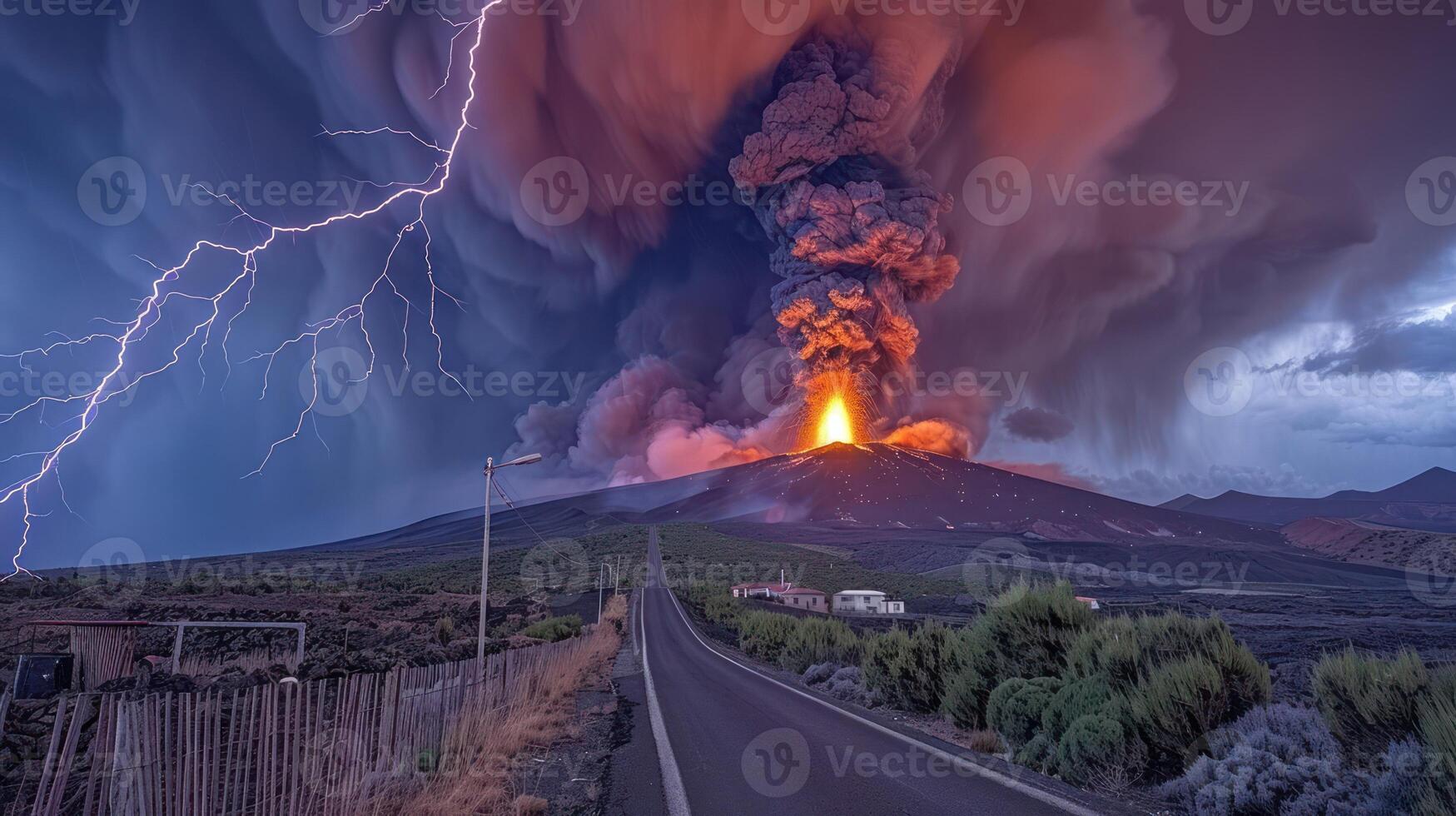 A dramatic volcanic eruption with lightning illuminating the sky and a road leading toward it. photo