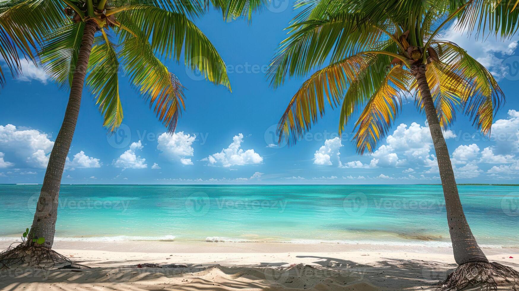 A serene beach scene with palm trees and turquoise waters under a bright blue sky. photo
