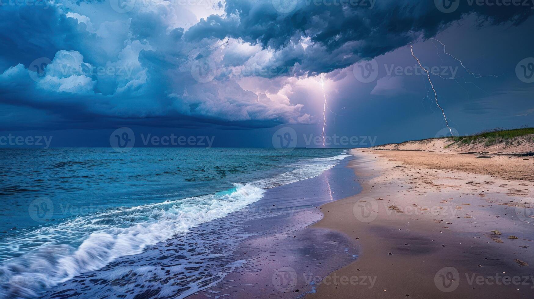 Dramatic beach scene with stormy skies, lightning, and waves lapping at the shore. photo