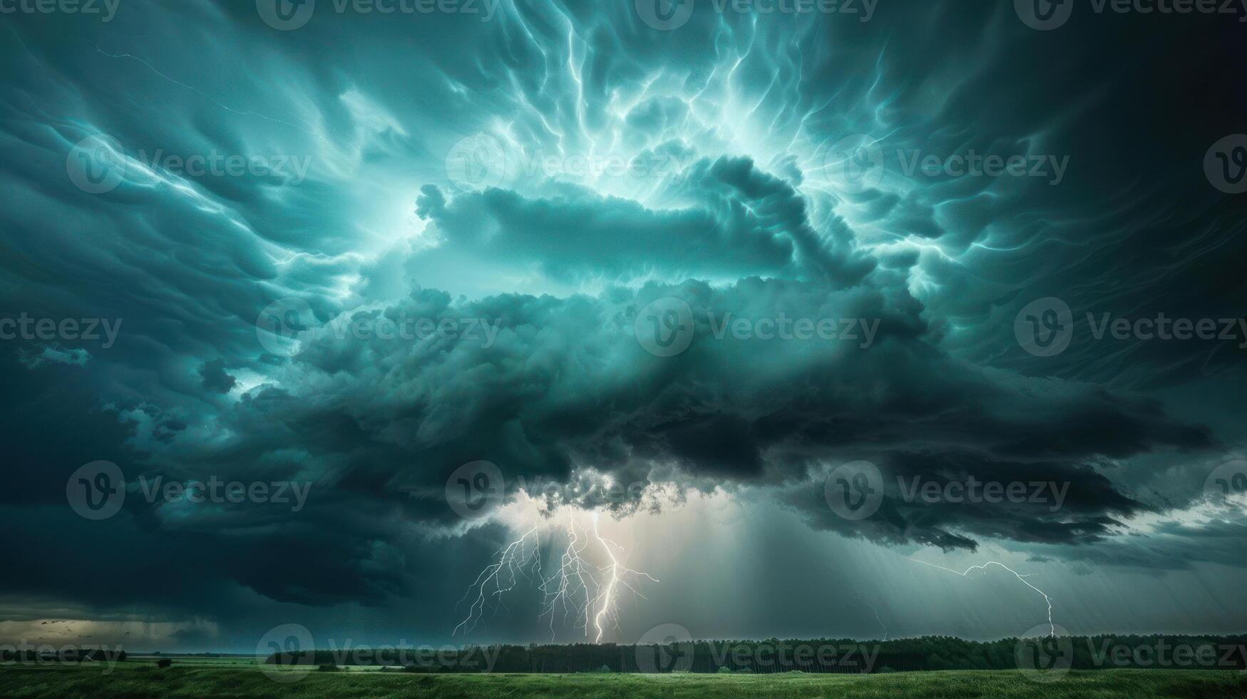 Dramatic storm clouds illuminated by lightning in a darkened sky over a landscape. photo