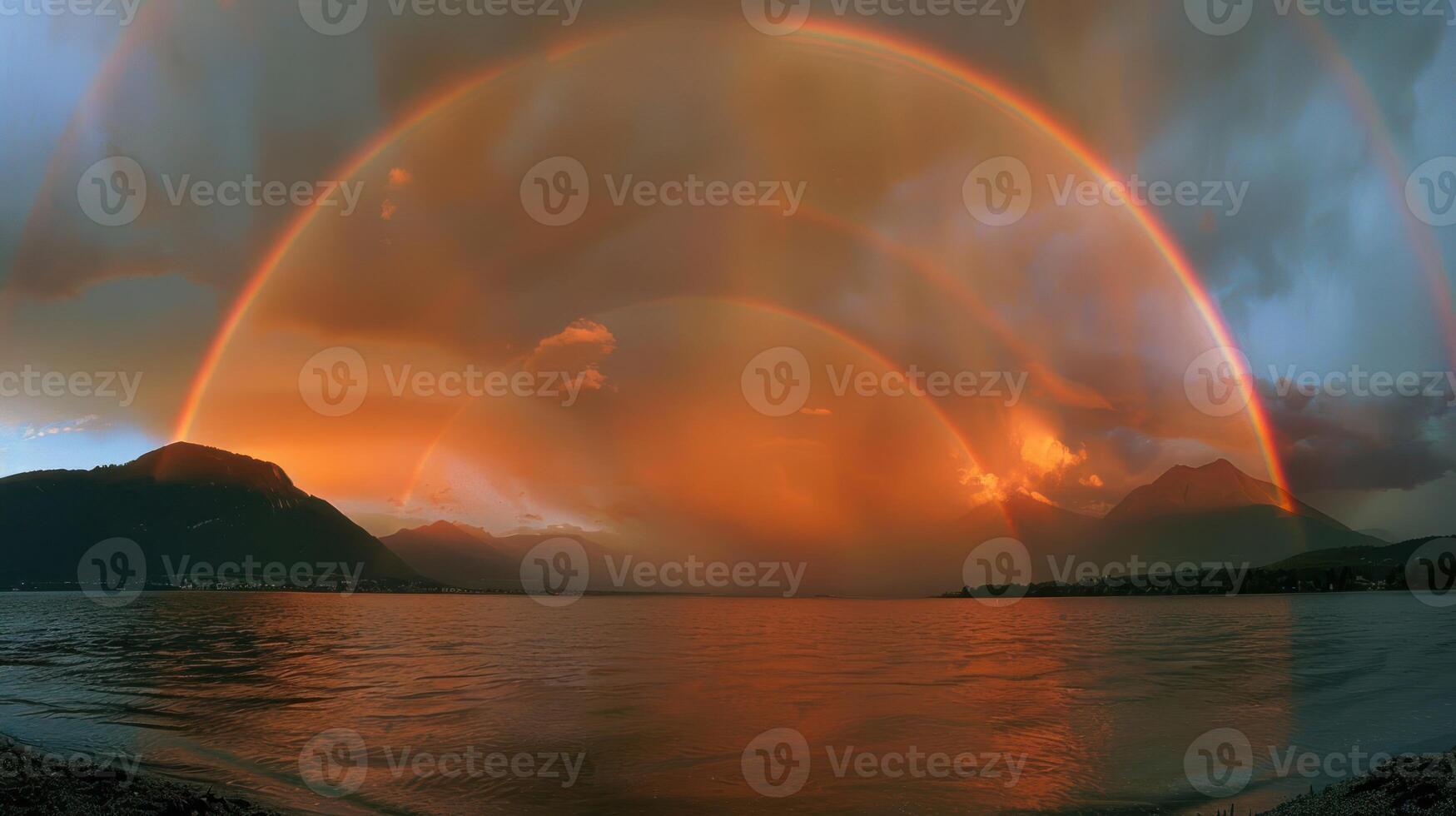 A stunning sunset over a lake with multiple rainbows arching across a dramatic sky. photo