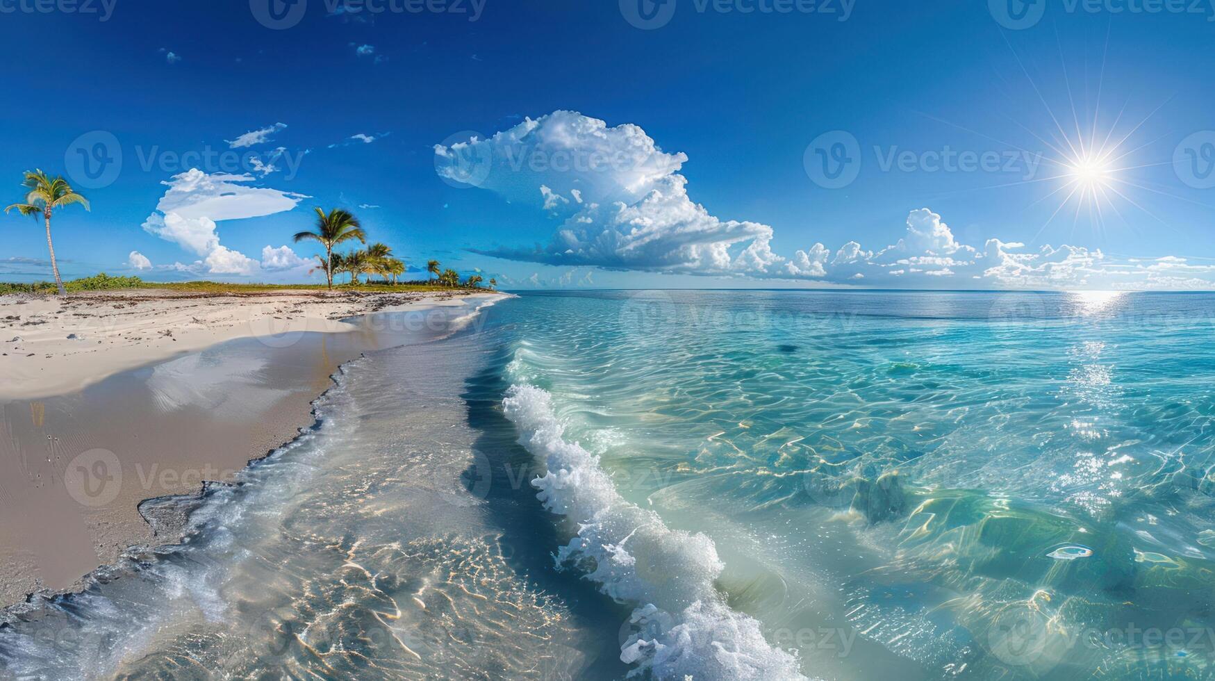 A serene beach scene with clear water, gentle waves, and a bright sky. photo