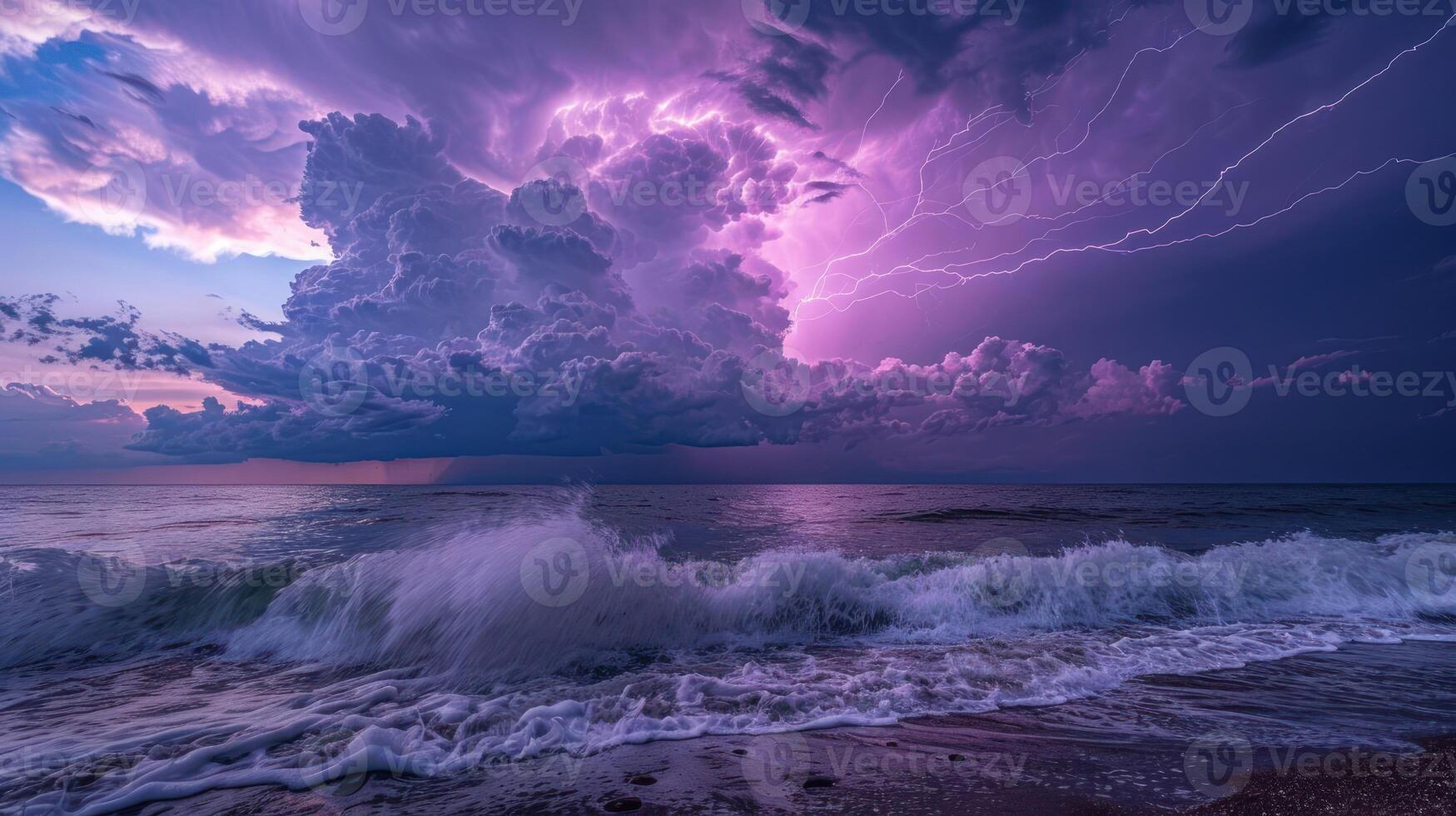 A dramatic seascape featuring storm clouds and lightning over ocean waves at dusk. photo