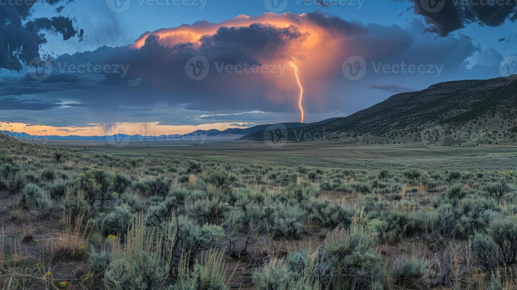 A dramatic landscape featuring a lightning strike illuminating the sky over a vast terrain. photo