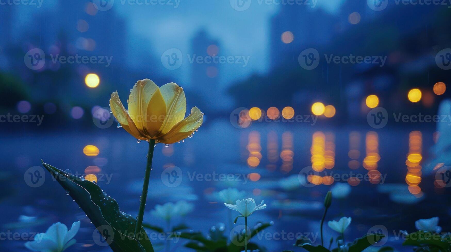 A serene evening scene featuring a yellow flower by a reflective water surface in a cityscape. photo