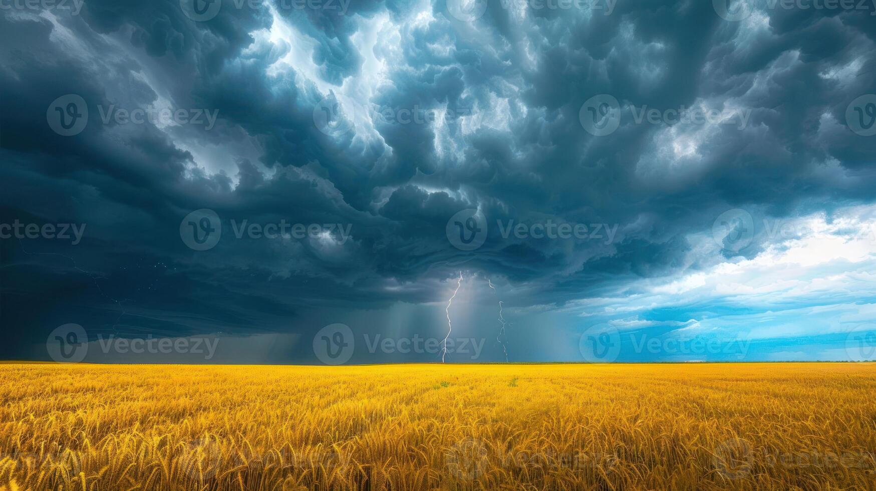 A dramatic landscape featuring a golden field under a stormy sky with lightning. photo