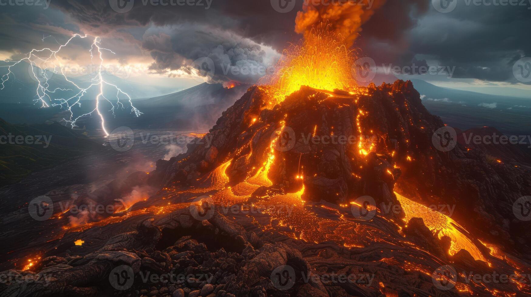 A dramatic volcanic eruption with lava flows and lightning in a stormy sky. photo