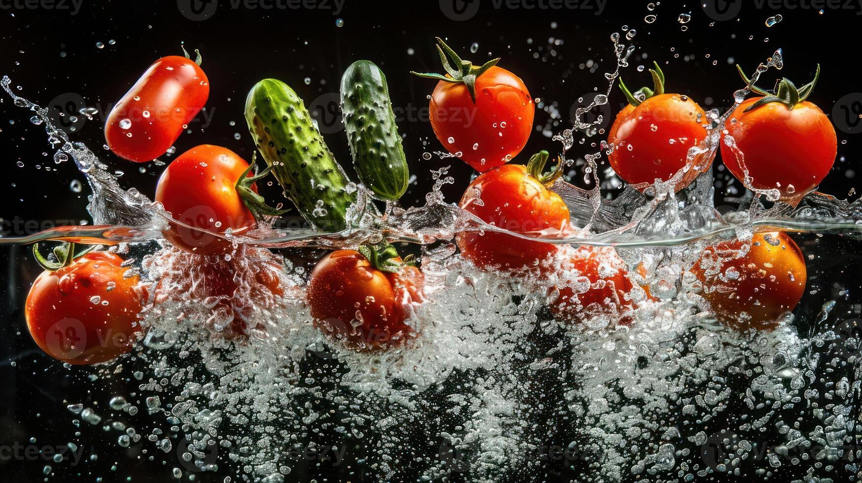 Fresh tomatoes and cucumbers splashing into water, showcasing freshness and vitality. photo