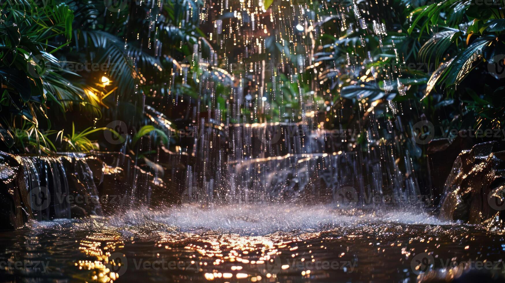 A serene waterfall surrounded by lush greenery, creating a tranquil atmosphere. photo