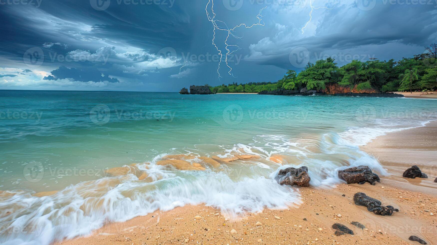 Stormy beach scene with waves, rocks, and lightning in a dramatic sky. photo