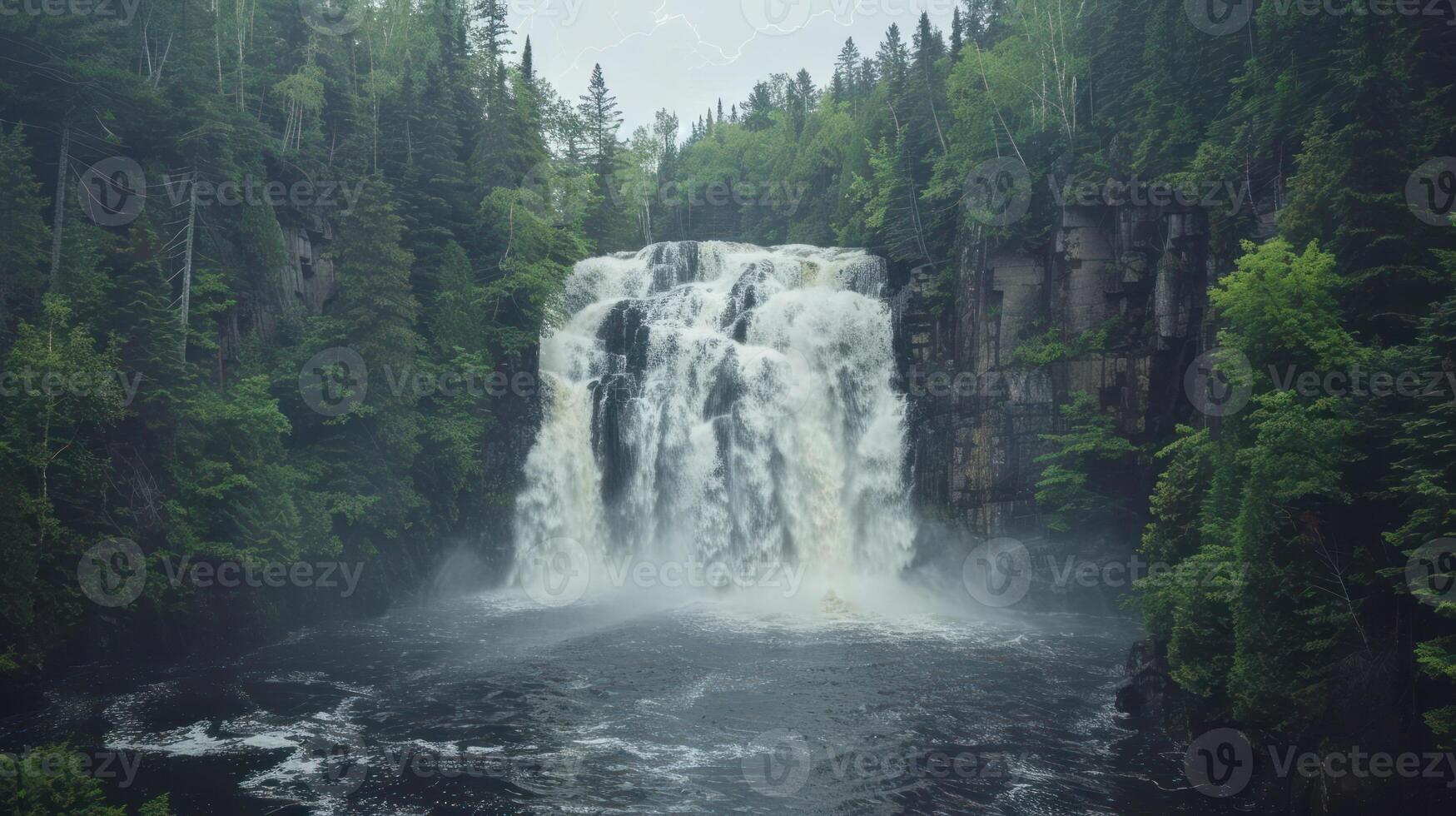 A majestic waterfall cascading into a serene pool, surrounded by lush greenery and trees. photo