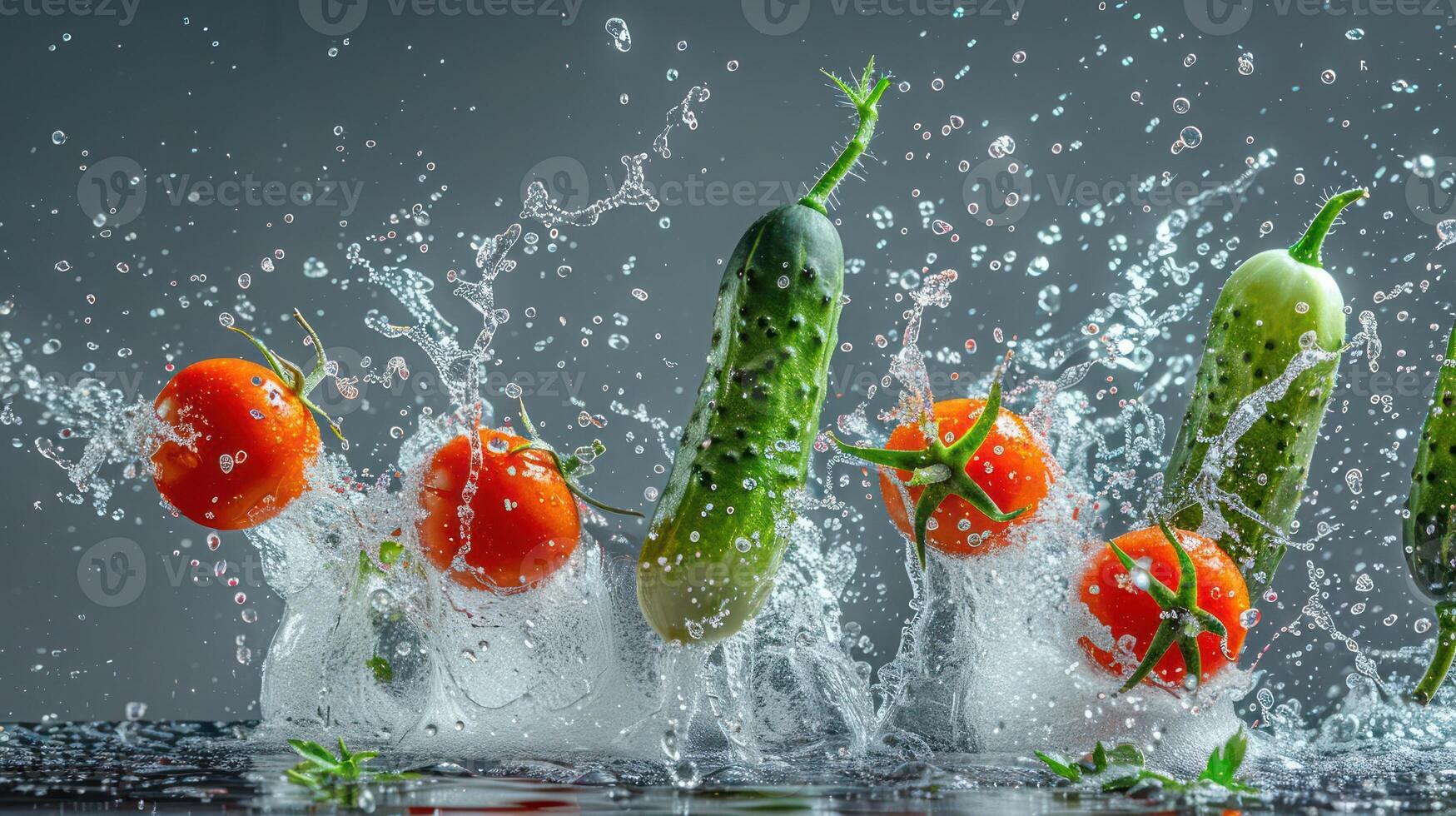 Fresh vegetables splashing in water, showcasing vibrant colors and dynamic movement. photo