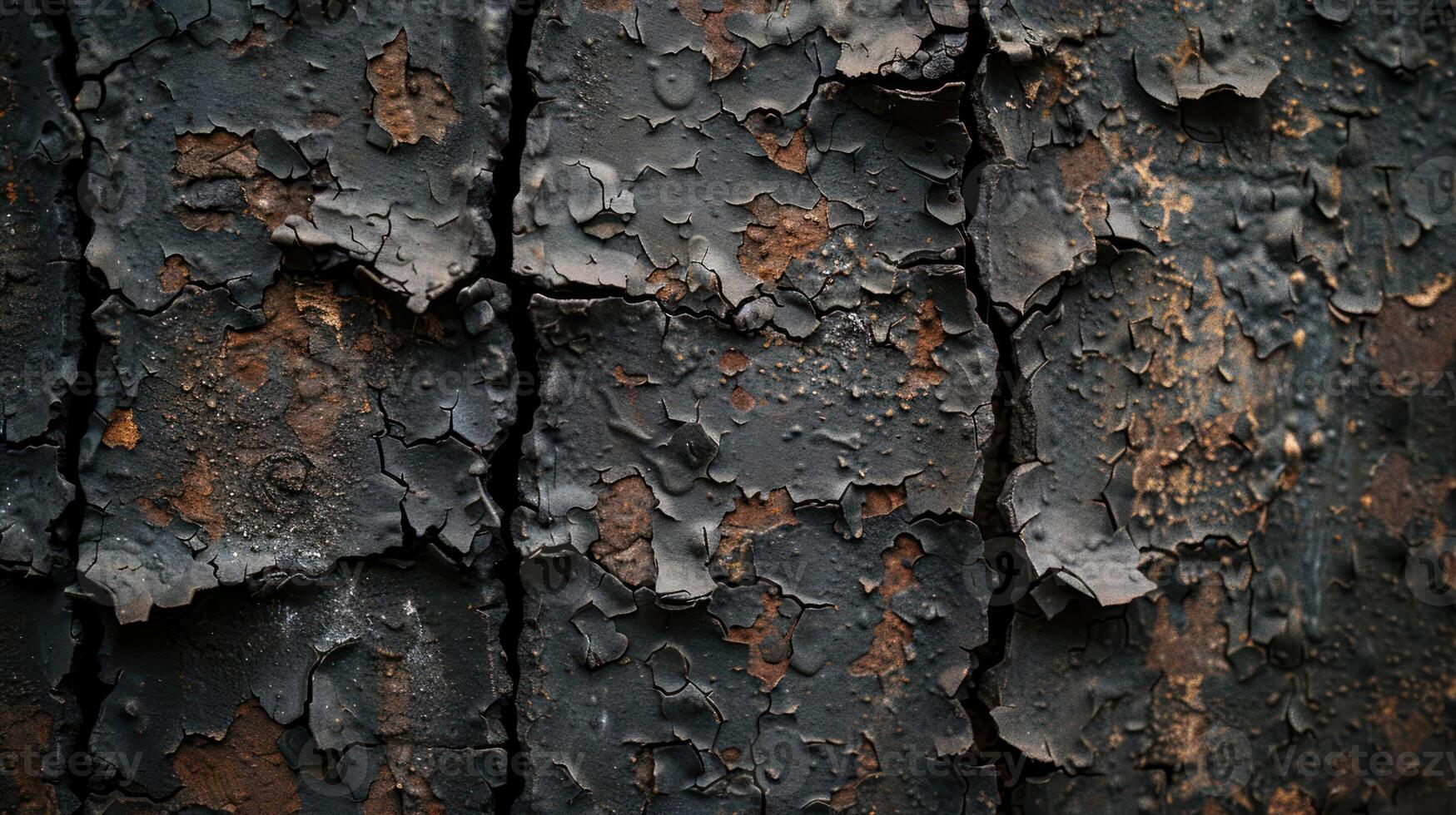 Close-up of weathered, peeling paint revealing rust and texture. photo