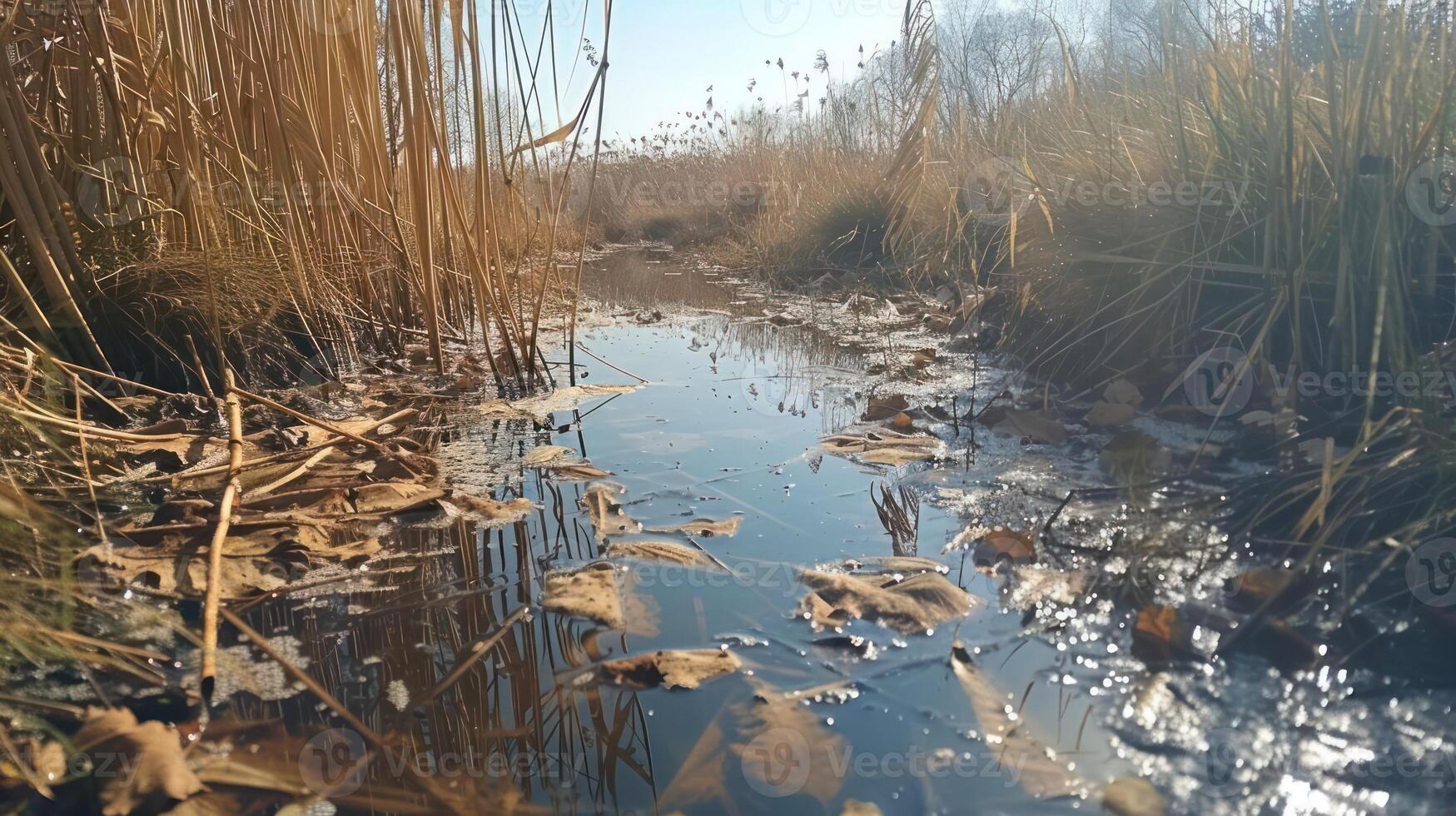 A serene waterway surrounded by tall grass and autumn leaves reflecting sunlight. photo