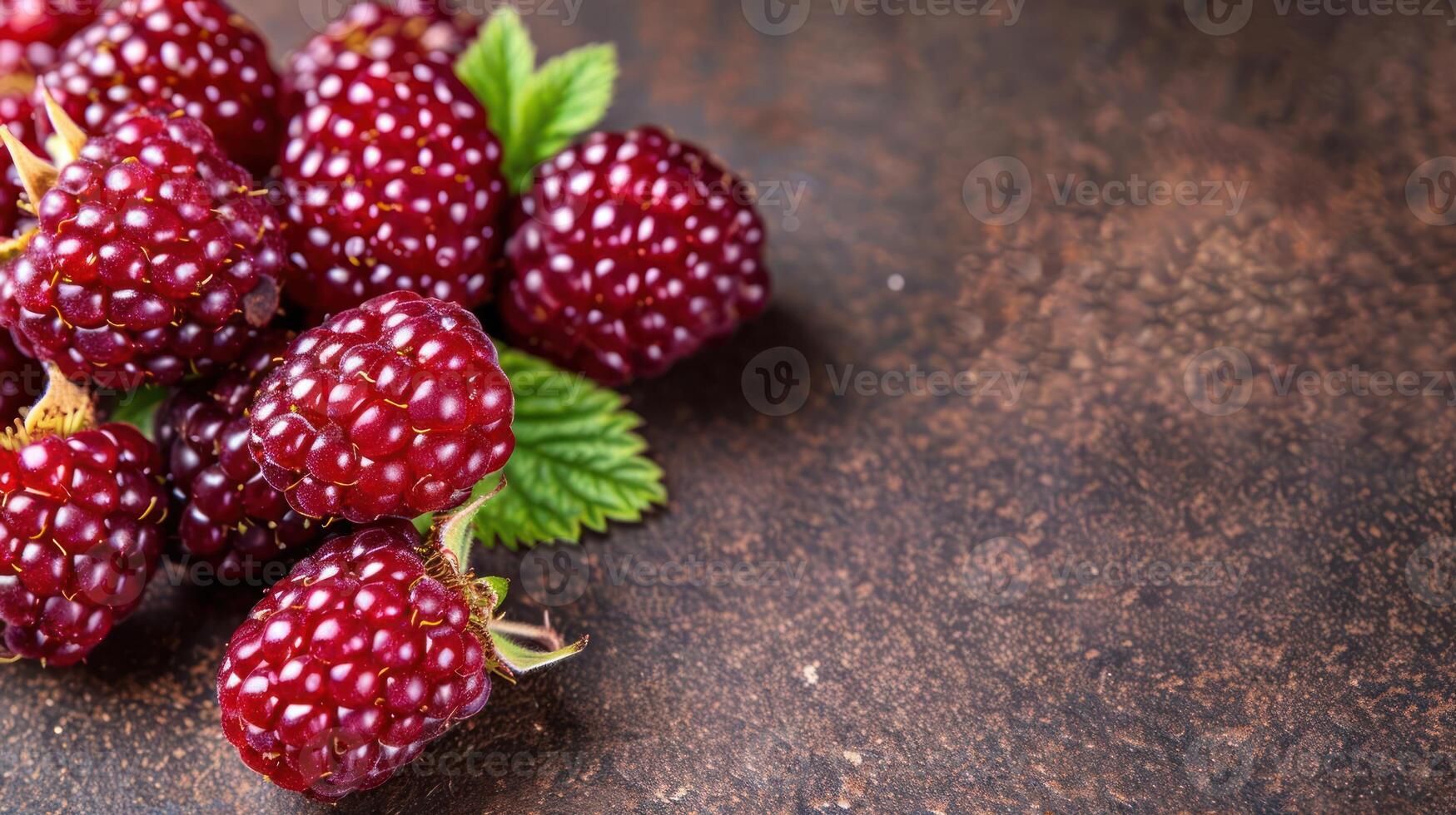 A close-up of fresh blackberries on a textured wooden surface. photo