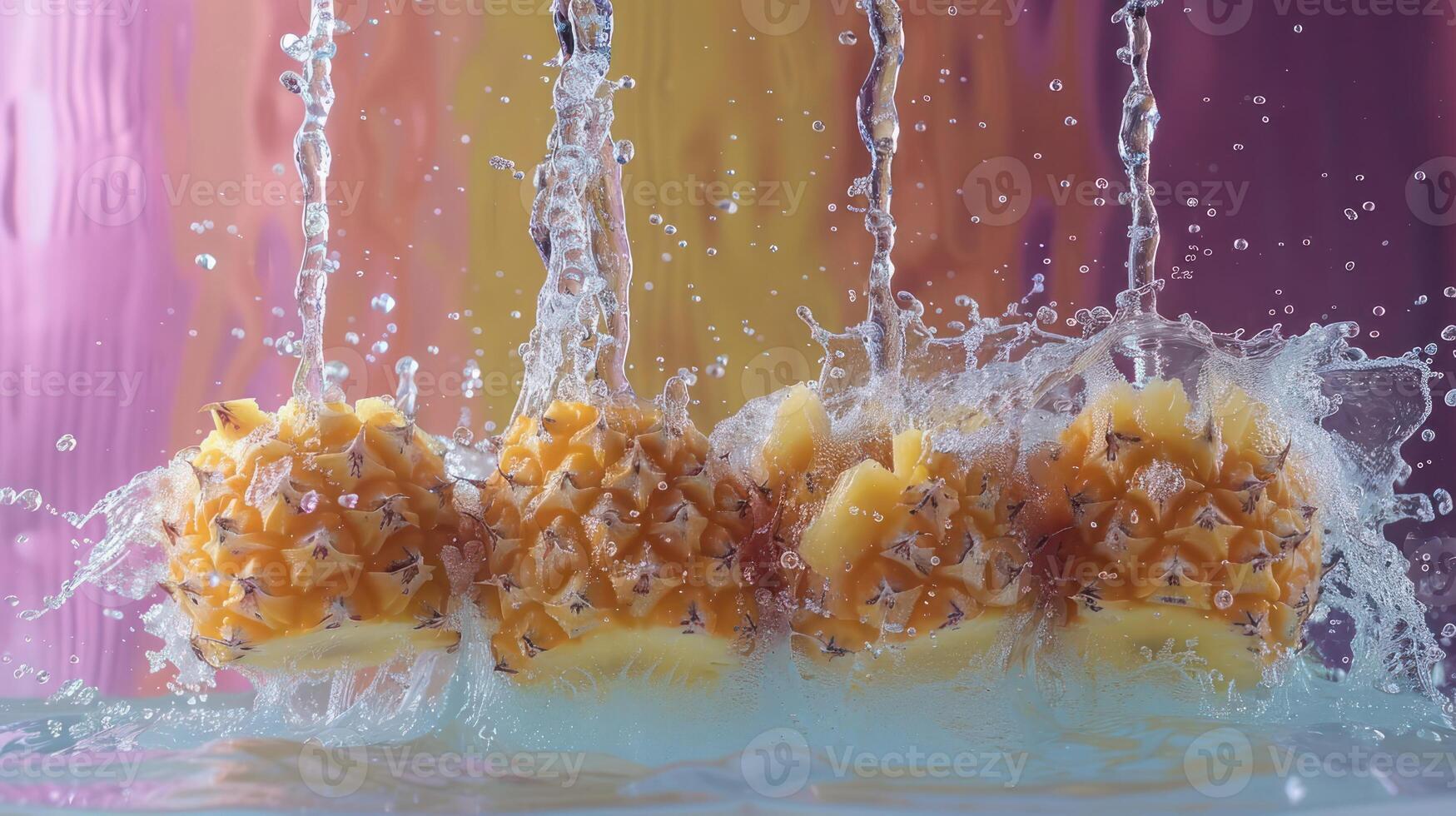 Fresh pineapples splashing in water against a colorful background. photo